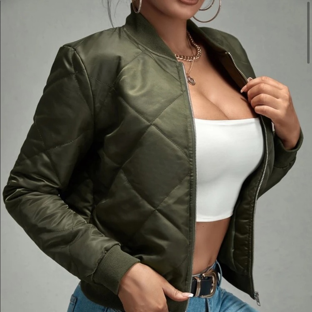 Olive Green Zip Up Quilted Bomber Jacket